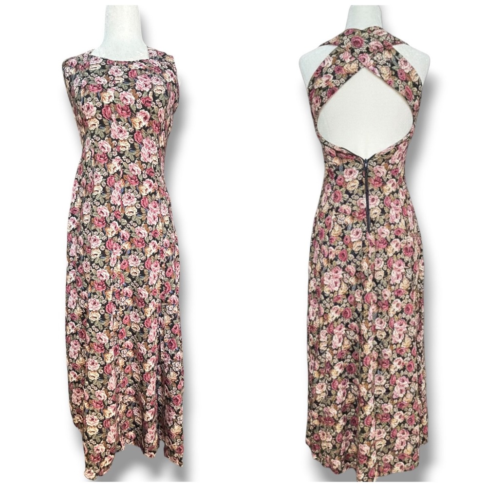 Vintage 90s All That Jazz Rose Floral Open Cross Back Maxi Dress Dark Romantic